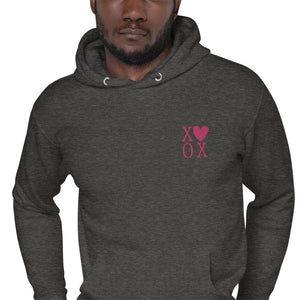 X♥XO Embroidered Couples Hoodie In Vivid Magenta