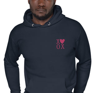 X♥XO Embroidered Couples Hoodie In Vivid Magenta
